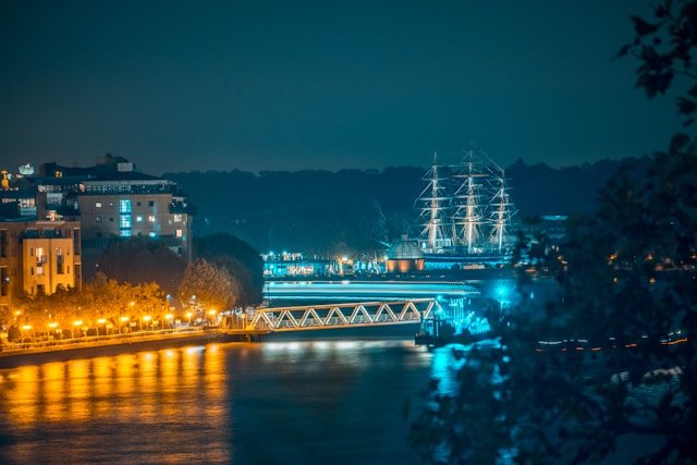 A nighttime picture of the Cutty Sark in Greenwich, London