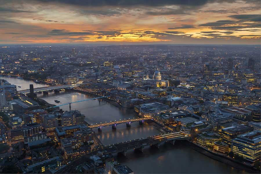 An aerial shot of London at sunset